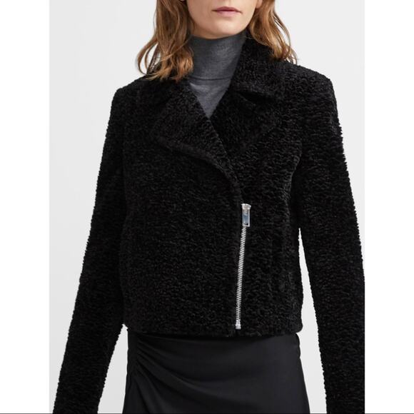 New Theory Faux Fur Slim Moto Jacket - Picture 1 of 8